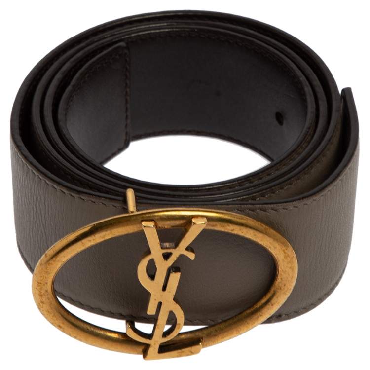 Pre Owned Yves Saint Laurent Grey Leather Logo Oval Buckle Belt 80CM