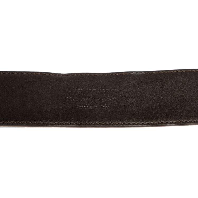 Pre Owned Yves Saint Laurent Grey Leather Logo Oval Buckle Belt 80CM