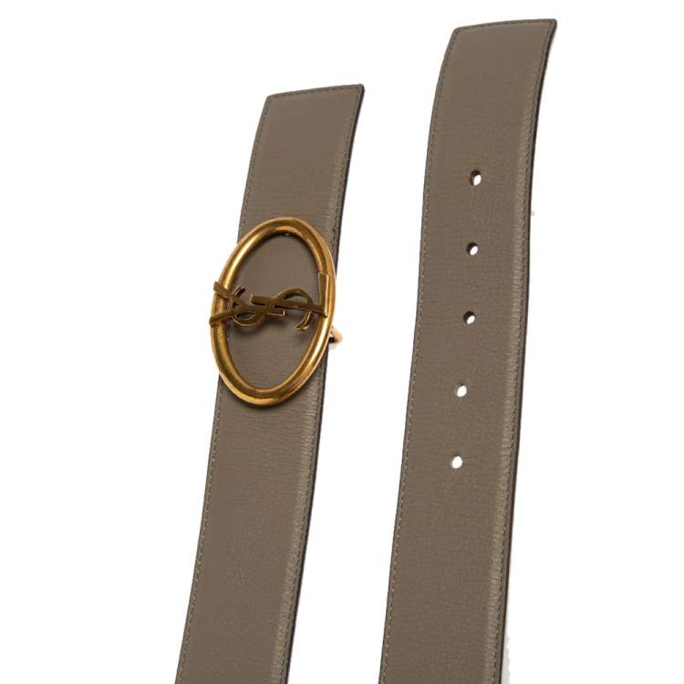 Pre Owned Yves Saint Laurent Grey Leather Logo Oval Buckle Belt 80CM