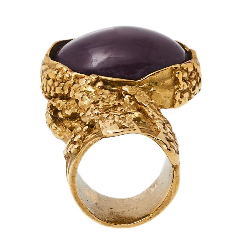 Pre Owned Yves Saint Laurent Purple Glass Cabochon Arty Oval Ring Size 5