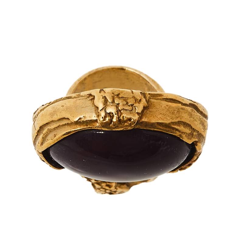 Pre Owned Yves Saint Laurent Purple Glass Cabochon Arty Oval Ring Size 5