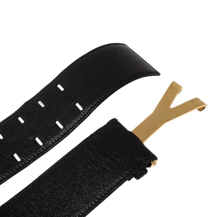 Pre Owned Yves Saint Laurent Black Leather Y Buckle Belt 70CM