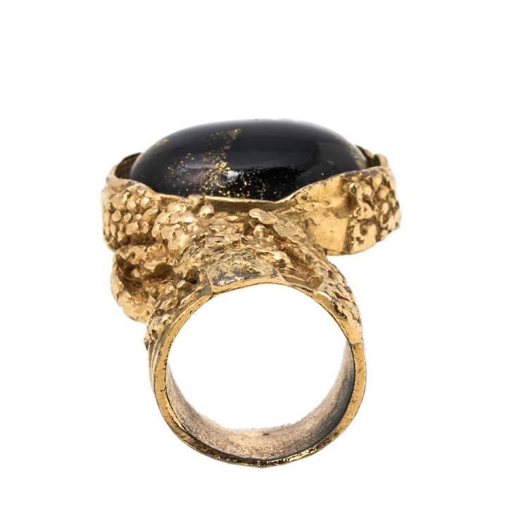 Pre Owned Yves Saint Laurent Black Cabochon Arty Cocktail Ring Size EU 49