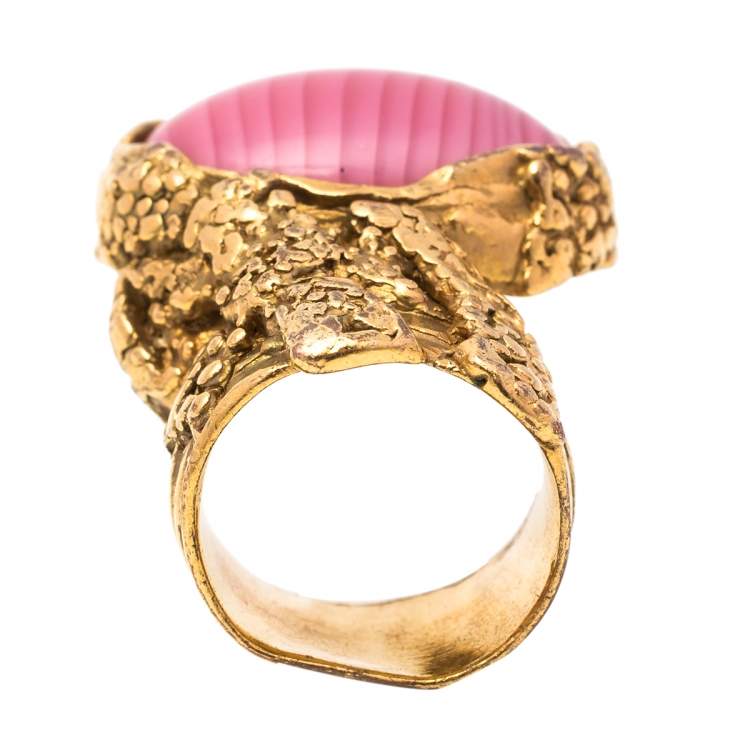 Pre Owned Yves Saint Laurent Pink Cabochon Arty Cocktail Ring Size EU 54.5