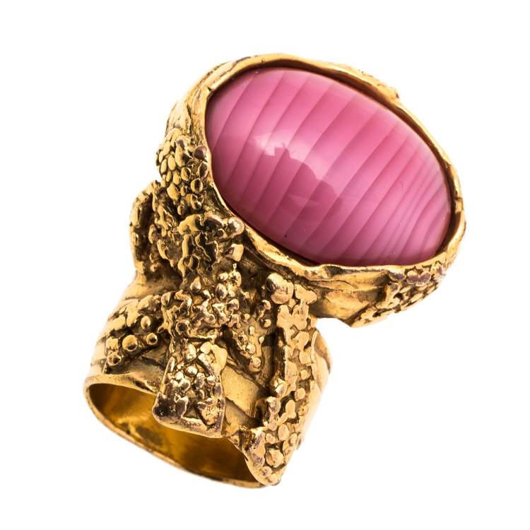 Pre Owned Yves Saint Laurent Pink Cabochon Arty Cocktail Ring Size EU 54.5