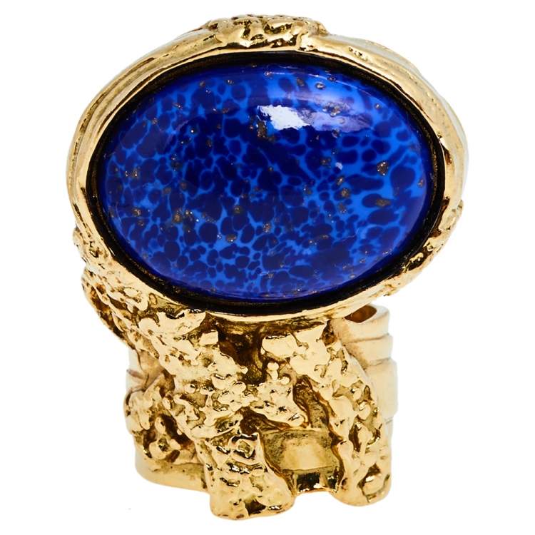 مملوكة مسبقًا Yves Saint Laurent Blue Glass Cabochon Arty Ring Size EU 57