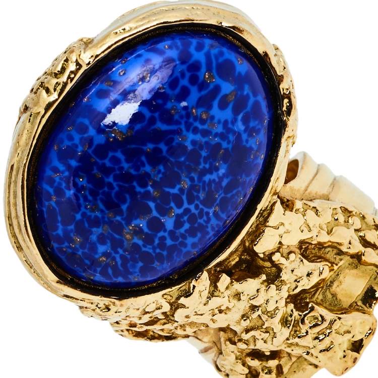 مملوكة مسبقًا Yves Saint Laurent Blue Glass Cabochon Arty Ring Size EU 57