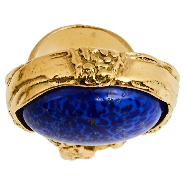 مملوكة مسبقًا Yves Saint Laurent Blue Glass Cabochon Arty Ring Size EU 57