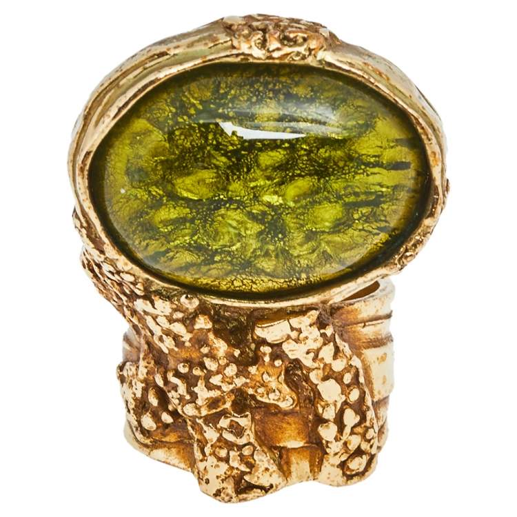Pre Owned Yves Saint Laurent Green Glass Cabochon Arty Ring Size EU 57