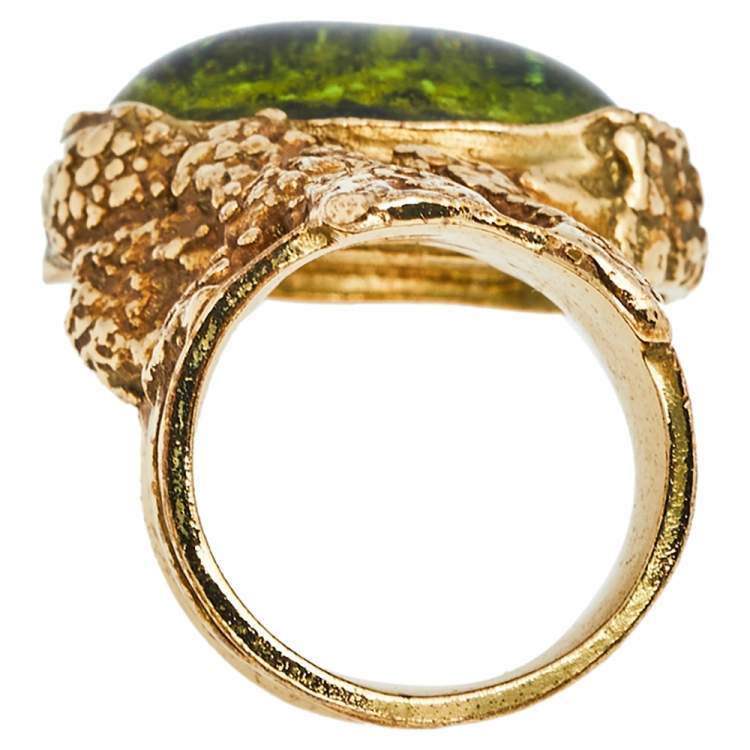 Pre Owned Yves Saint Laurent Green Glass Cabochon Arty Ring Size EU 57