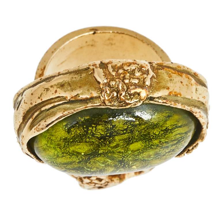 Pre Owned Yves Saint Laurent Green Glass Cabochon Arty Ring Size EU 57
