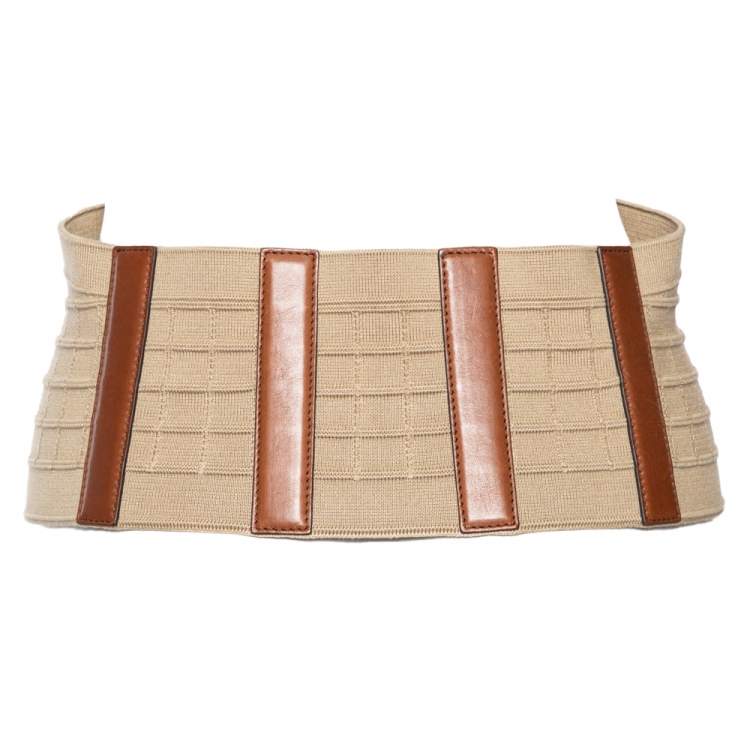 Pre Owned Yves Saint Laurent Beige/Brown Leather and Elastic Waist Belt Medium