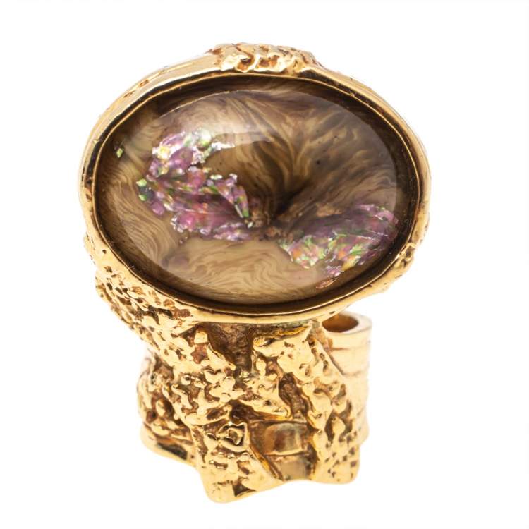 Pre Owned Yves Saint Laurent Green Glass Cabochon Gold Tone Arty Ring Size 56