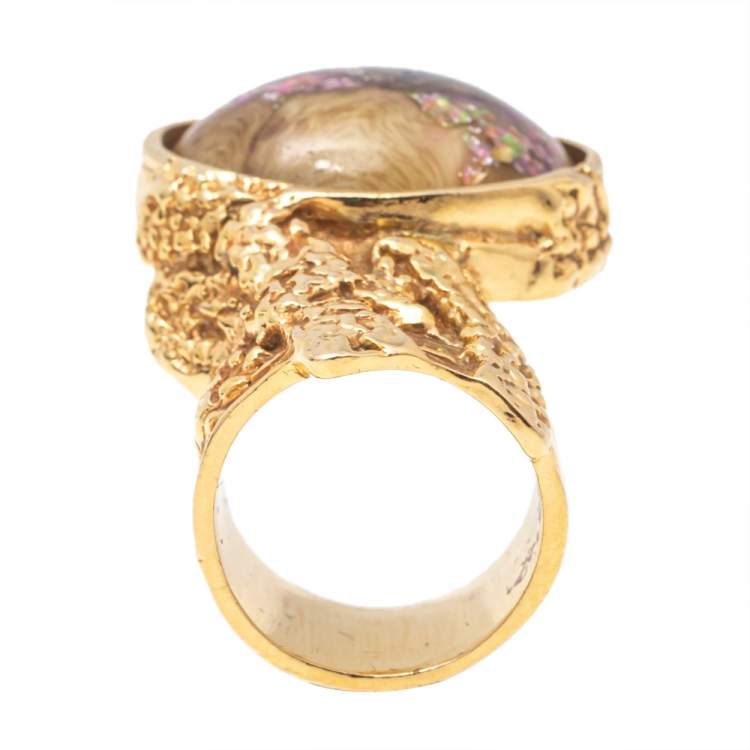 Pre Owned Yves Saint Laurent Green Glass Cabochon Gold Tone Arty Ring Size 56