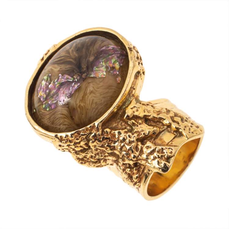 Pre Owned Yves Saint Laurent Green Glass Cabochon Gold Tone Arty Ring Size 56