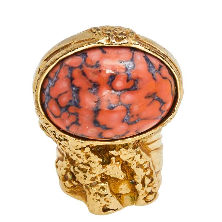 Pre Owned Yves Saint Laurent Coral Cabochon Gold Tone Arty Ring SIze EU 57