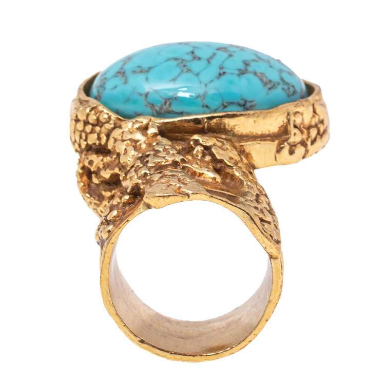 Pre Owned Yves Saint Laurent Blue Glass Cabochon Gold Tone Arty Ring Size 6