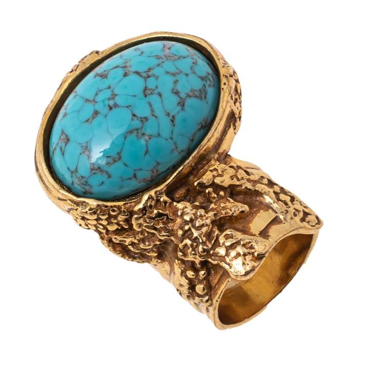 Pre Owned Yves Saint Laurent Blue Glass Cabochon Gold Tone Arty Ring Size 6