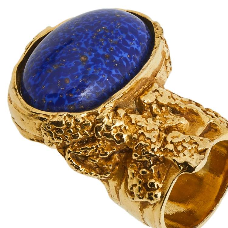Pre Owned Yves Saint Laurent Blue Glass Cabochon Arty Ring Size EU 54.5
