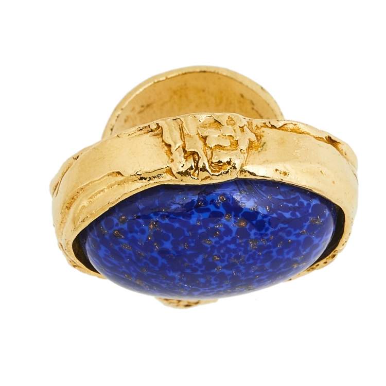 Pre Owned Yves Saint Laurent Blue Glass Cabochon Arty Ring Size EU 54.5