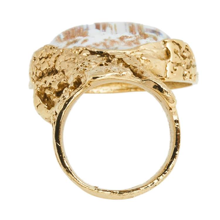 Pre Owned Yves Saint Laurent Metallic White Glass Cabochon Arty Ring Size EU 54.5