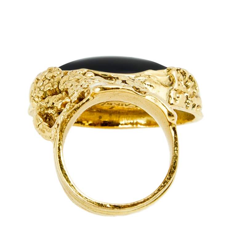 Pre Owned Yves Saint Laurent Black Cabochon Arty Gold Tone Ring