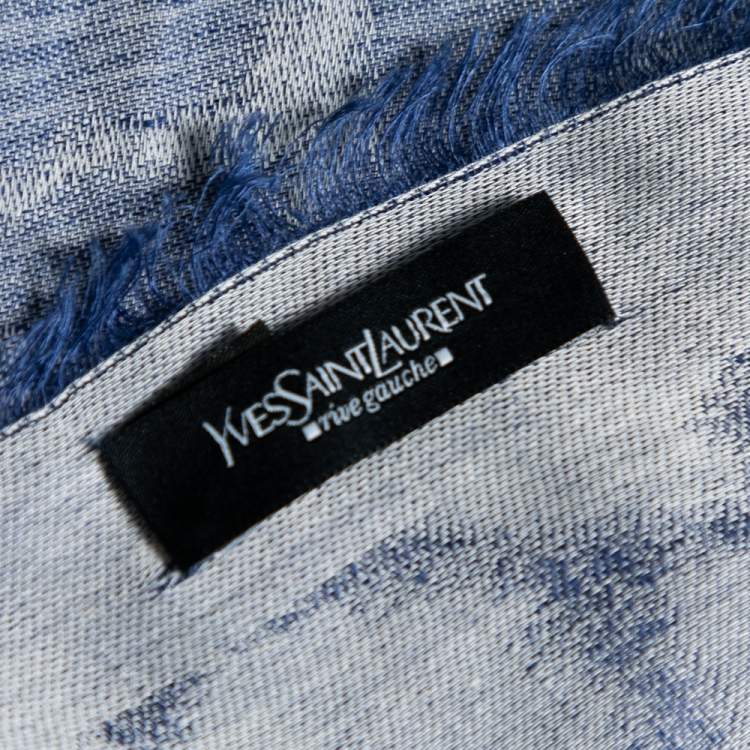 Pre Owned Yves Saint Laurent Blue Patterned Linen & Cotton Scarf