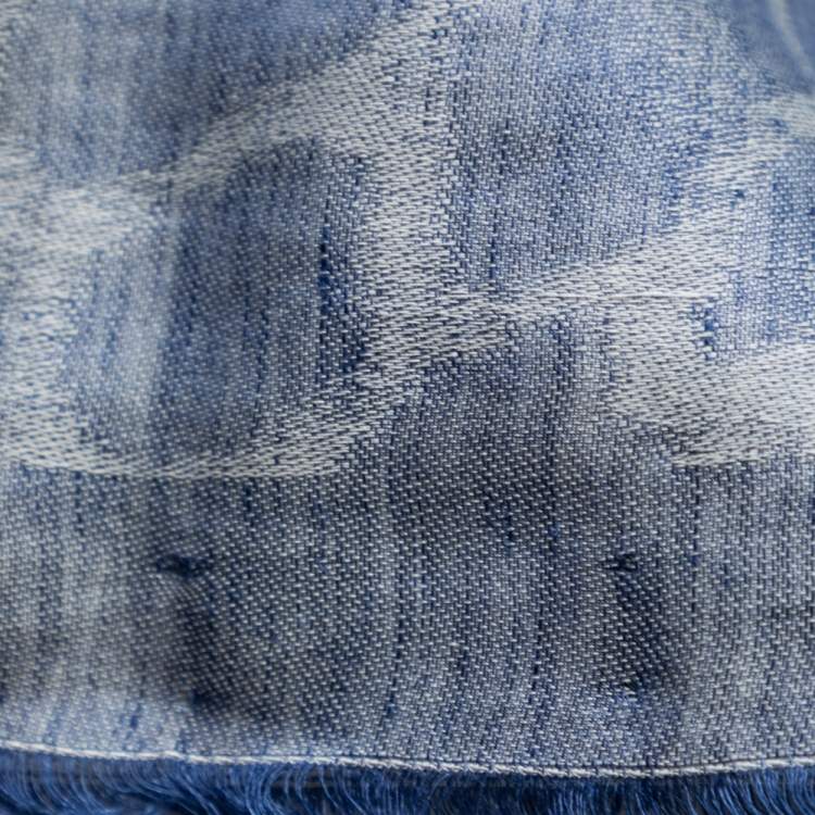 Pre Owned Yves Saint Laurent Blue Patterned Linen & Cotton Scarf