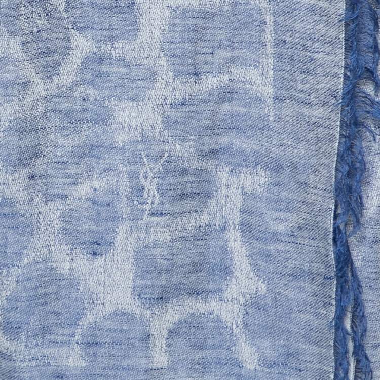 Pre Owned Yves Saint Laurent Blue Patterned Linen & Cotton Scarf