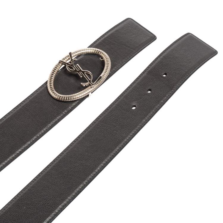 Pre Owned Yves Saint Laurent Grey/Black Leather Monogram Round Belt 95CM
