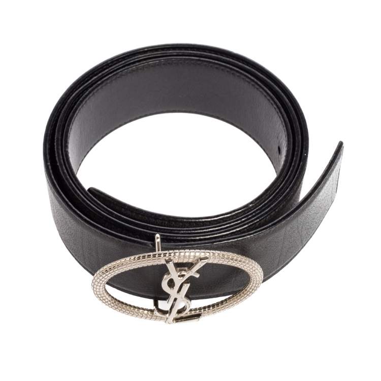 Pre Owned Yves Saint Laurent Grey/Black Leather Monogram Round Belt 95CM