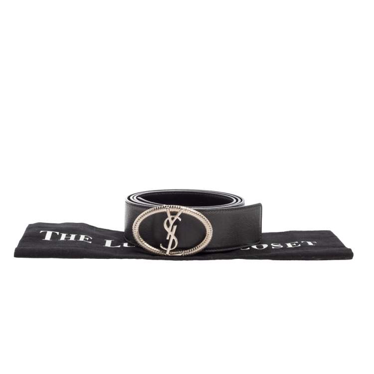 Pre Owned Yves Saint Laurent Grey/Black Leather Monogram Round Belt 95CM