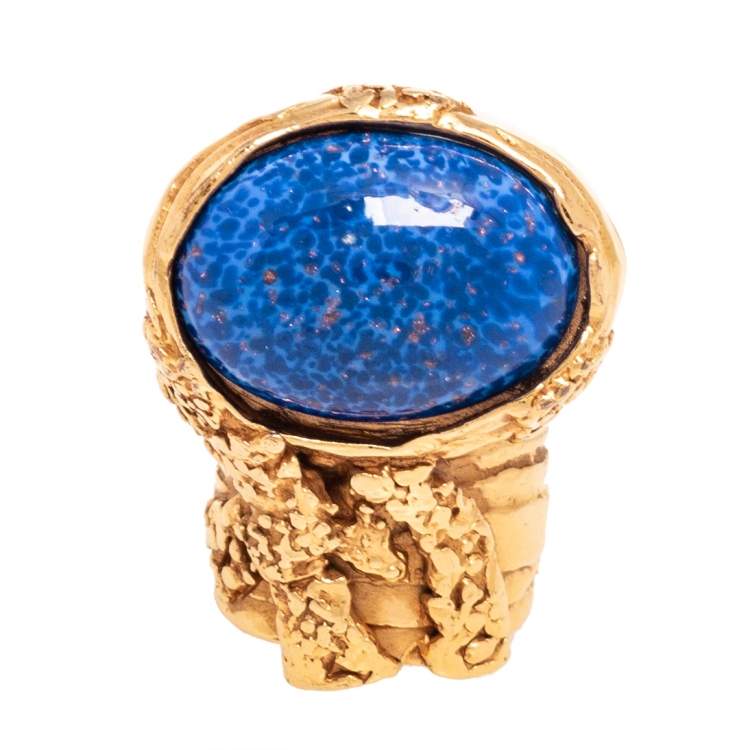 Pre Owned Yves Saint Laurent Arty Blue Glass Cabochon Oval Ring Size 7