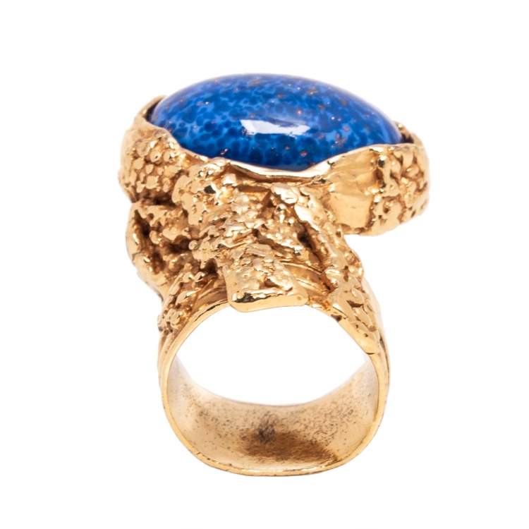 Pre Owned Yves Saint Laurent Arty Blue Glass Cabochon Oval Ring Size 7
