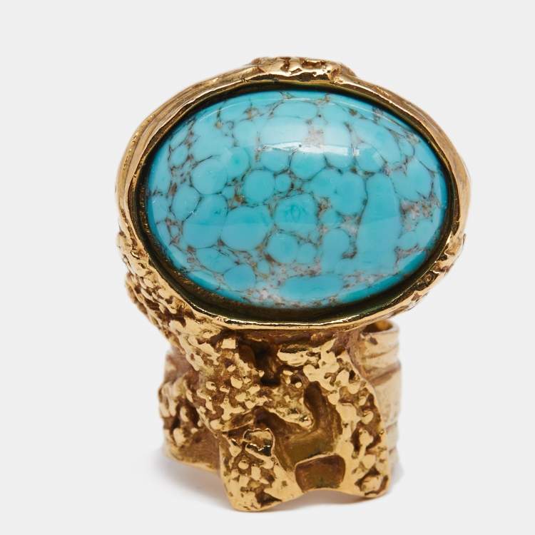 Pre Owned Yves Saint Laurent Arty Blue Glass Cabochon Oval Ring Size 7