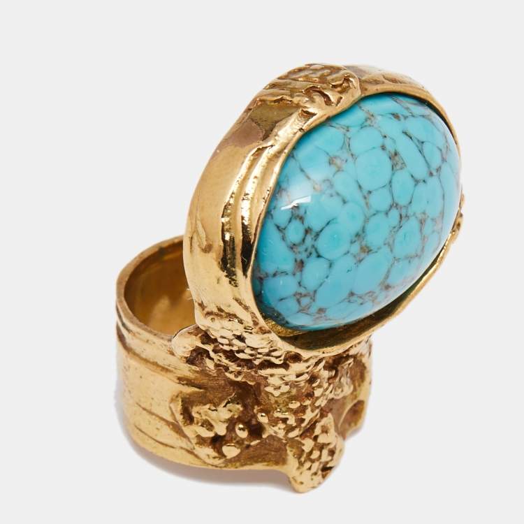 Pre Owned Yves Saint Laurent Arty Blue Glass Cabochon Oval Ring Size 7