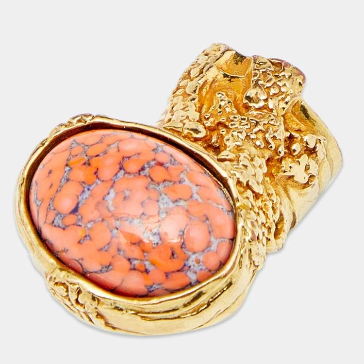 Pre Owned Yves Saint Laurent Arty Orange Glass Cabochon Oval Ring Size 7