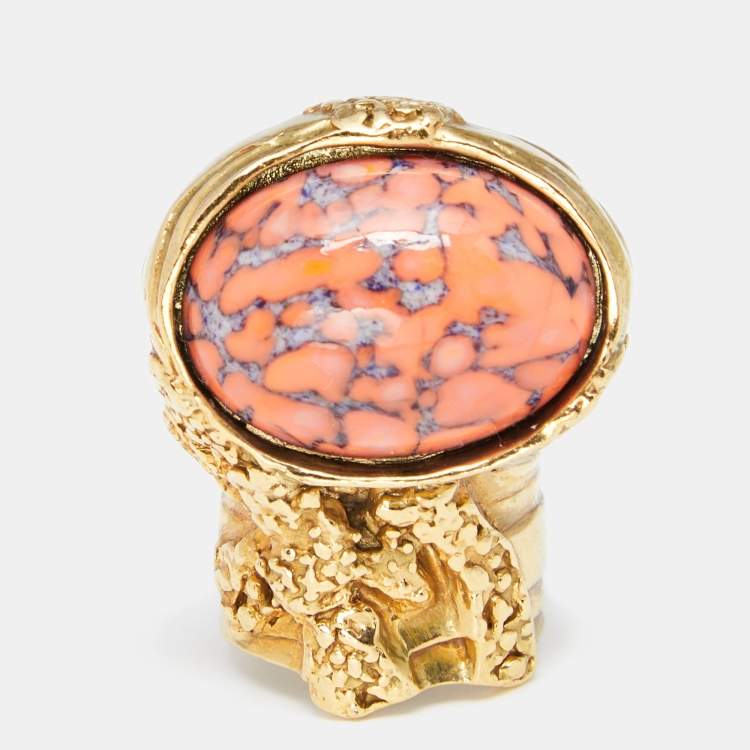 Pre Owned Yves Saint Laurent Coral Cabochon Arty Oval Ring Size EU 54.5