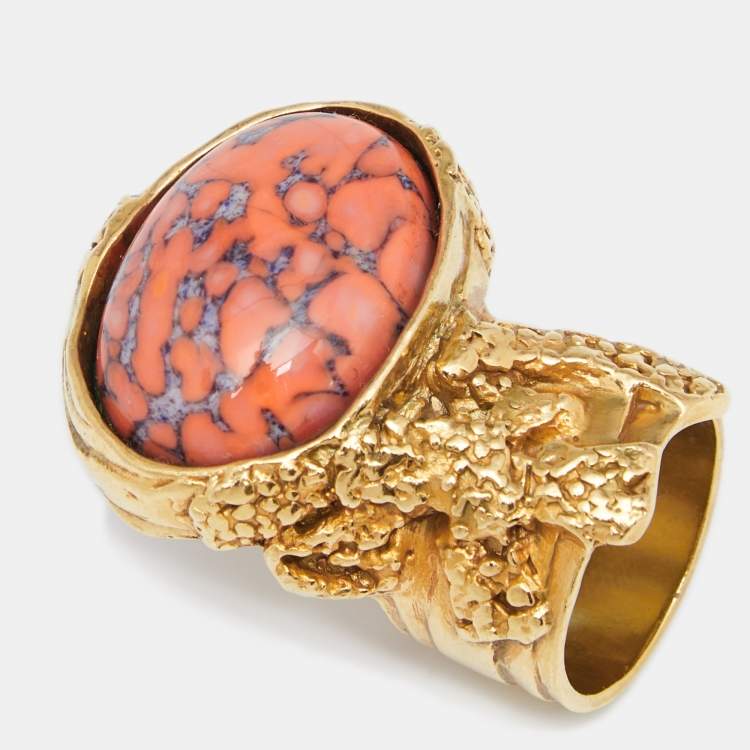 Pre Owned Yves Saint Laurent Coral Cabochon Arty Oval Ring Size EU 54.5