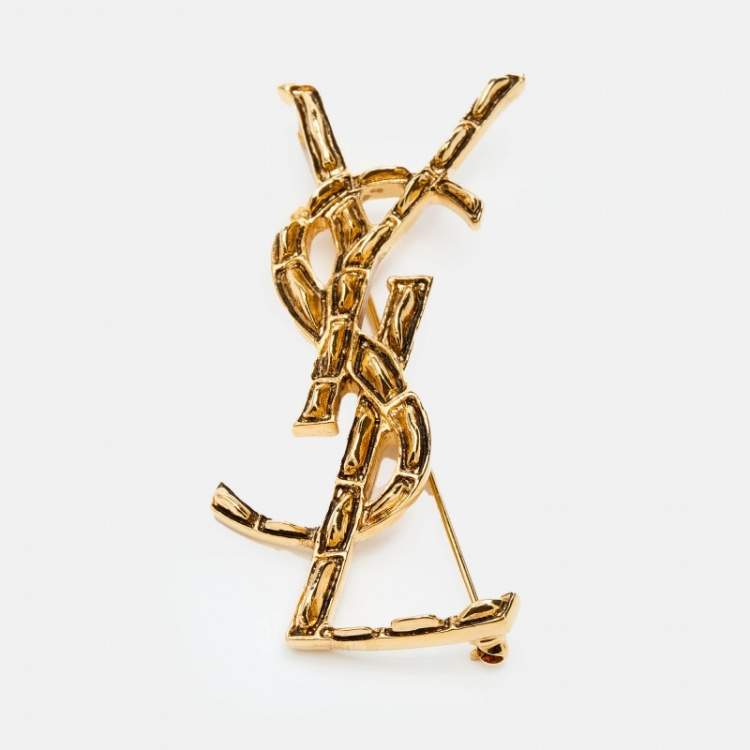 YSL Gold Brooch, Round Gilt Pin, Raised Abstract Design