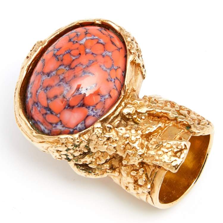 Pre Owned Yves Saint Laurent Coral Cabochon Arty Cocktail Ring EU 49