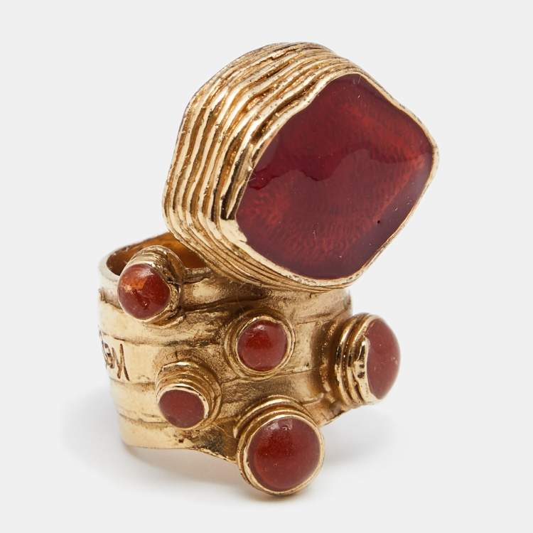 Pre Owned Yves Saint Laurent Gold Tone Red Gripoix Arty Ring EU 60