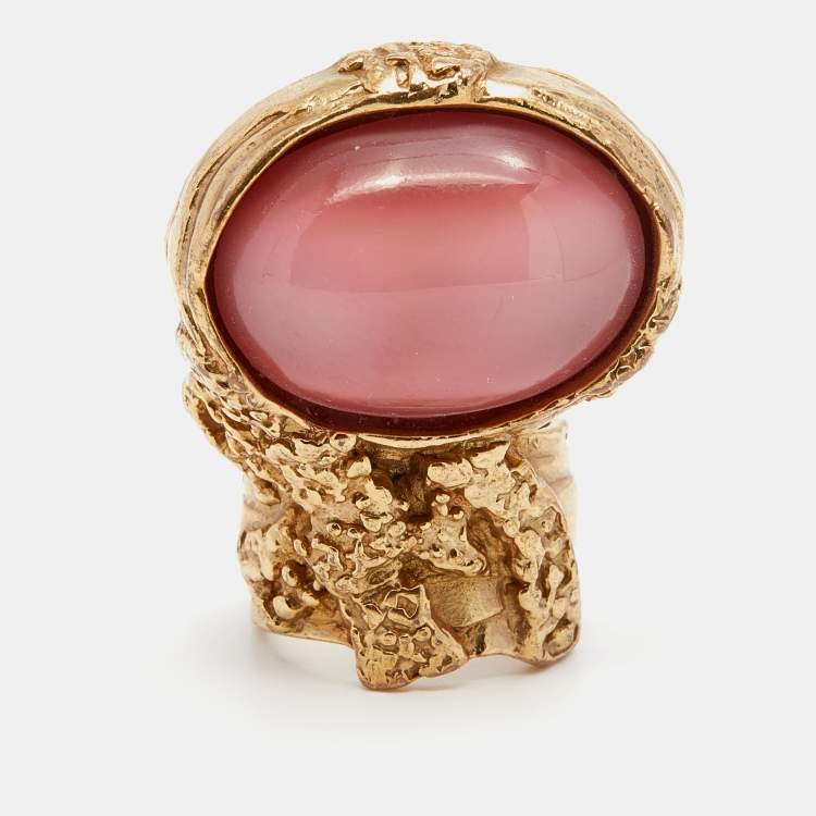 Pre Owned Yves Saint Laurent Arty Pink Glass Cabochon Oval Ring Size 6