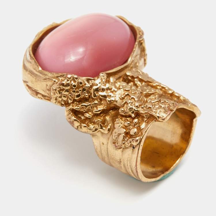 Pre Owned Yves Saint Laurent Arty Pink Glass Cabochon Oval Ring Size 6