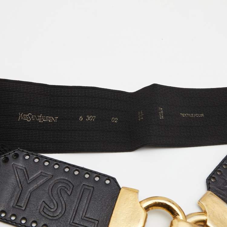 Pre Owned Saint Laurent Black Leather and Elastic Band Golden Hook Waist Belt 85CM