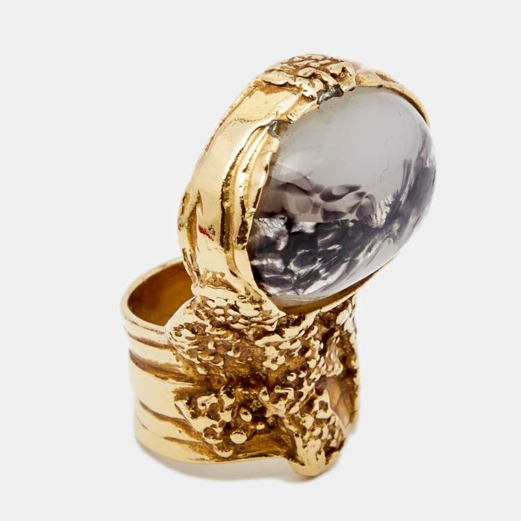Pre Owned Yves Saint Laurent Arty Glass Gold Tone Cocktail Ring Size EU 52