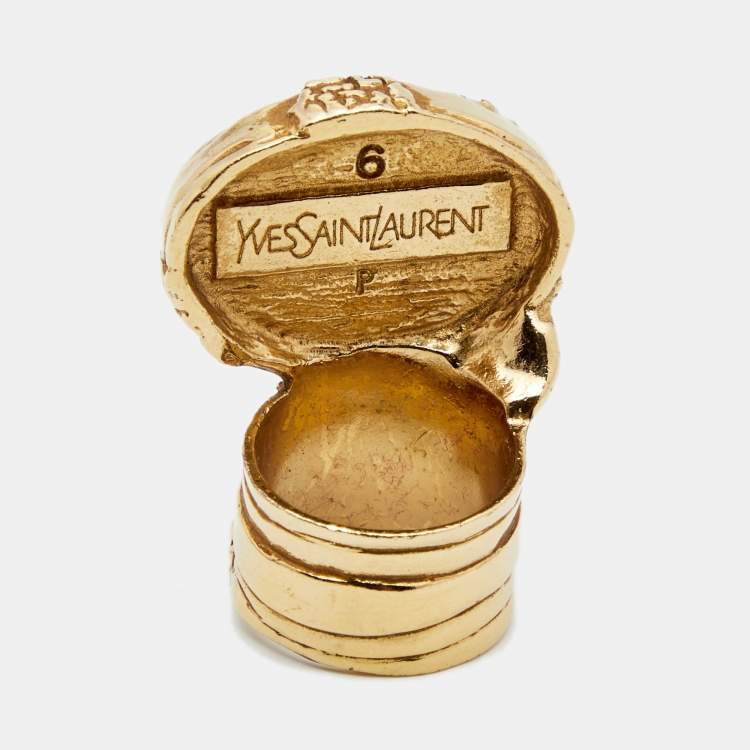 Pre Owned Yves Saint Laurent Arty Glass Gold Tone Cocktail Ring Size EU 52