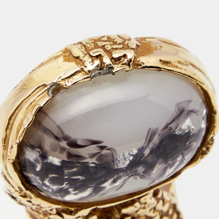 Pre Owned Yves Saint Laurent Arty Glass Gold Tone Cocktail Ring Size EU 52