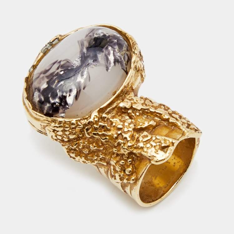 Pre Owned Yves Saint Laurent Arty Glass Gold Tone Cocktail Ring Size EU 52