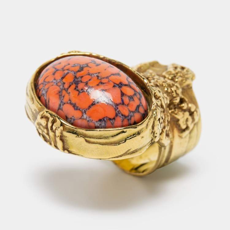 Pre Owned Yves Saint Laurent Arty Coral Glass Cabochon Gold Tone Ring Size 55